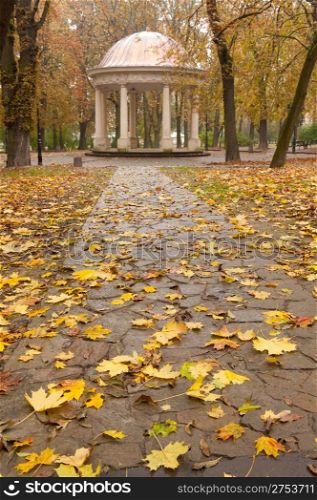 Autumn park with a footpath to summer house. The Lvov park