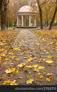 Autumn park with a footpath to summer house. The Lvov park