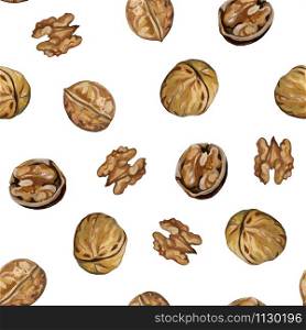 Autumn pattern. Beautiful background with walnuts. Realistic drawing with acrylic paints. Vintage style. Botanical sketches of autumn fetus. Ideal for cards, wrapping paper, fabric and other designs.