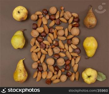 Autumn pear and nut pattern on brown background top view square