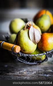 Autumn pears on rustic wooden background