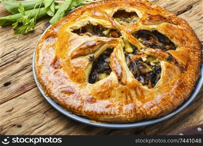 Autumn pie with mushrooms and spinach.Rustic vegetable pie.Homemade cakes. Vegetable pie with mushrooms