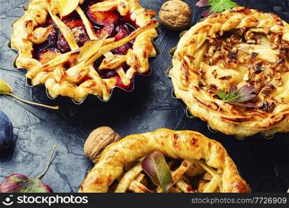 Autumn pies with pear, apple, grapes and plum.Sweet autumn dessert on the table. Autumn pies with fruits
