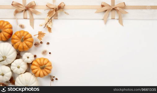 Autumn pumpkins with gift box border with white background.