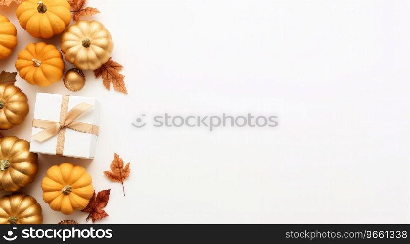 Autumn pumpkins with gift box border with white background.