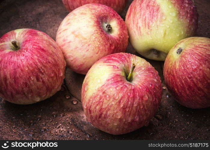 Autumn red apples. Autumn harvest of red apples on an old vintage background