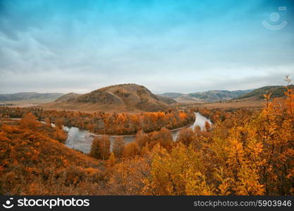 Autumn river at evening. River at beauty autumn evening