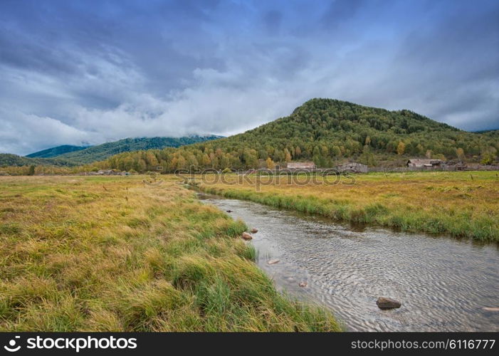 Autumn river landscape. River at beauty autumn evening