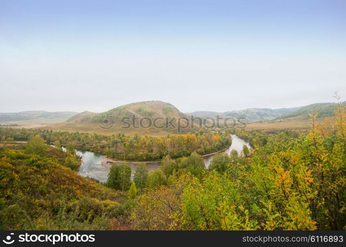 Autumn river landscape. River at beauty autumn evening