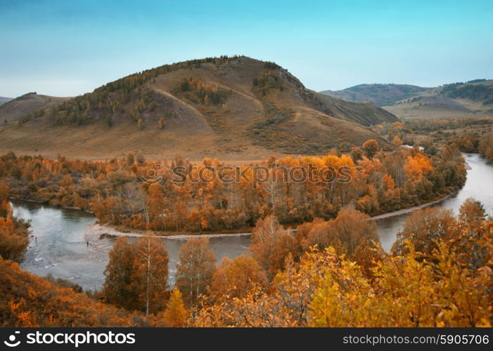 Autumn river. River at beauty autumn evening