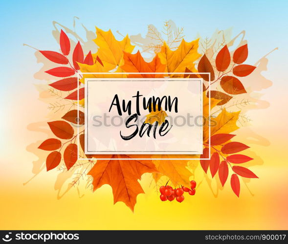 Autumn Sale Card With Colorful Leaves. Vector.