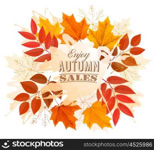 Autumn Sales Banner With Colorful Leaves. Vector.
