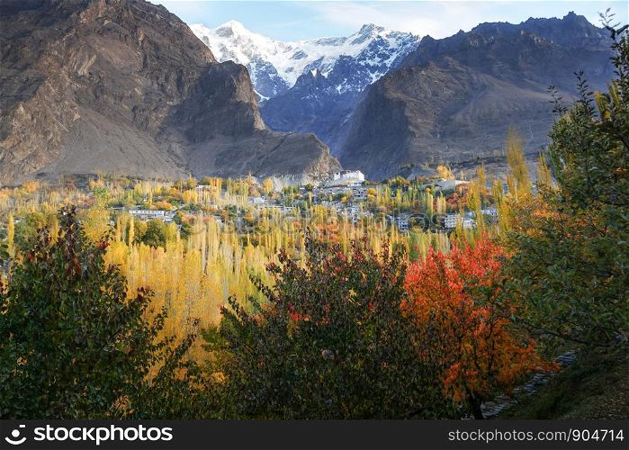 Autumn scene in Karimabad with mountains in the background. Hunza valley, Pakistan.