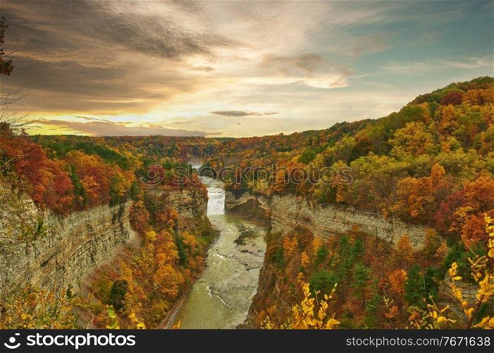 Autumn scene landscape of waterfalls and gorge at Letchworth State Park