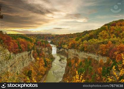 Autumn scene landscape of waterfalls and gorge at Letchworth State Park