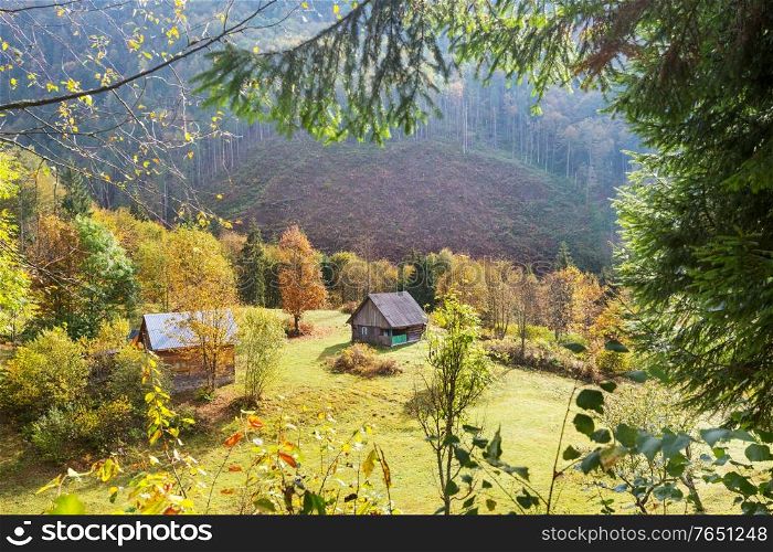 Autumn scene of mountain village, autumn season in Carpathians