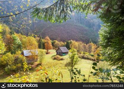Autumn scene of mountain village, autumn season in Carpathians