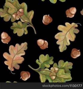 Autumn seamless pattern. Beautiful background with acorns and oak leaves. Realistic drawing with acrylic paints. Vintage style. Ideal for postcards, wrapping paper, fabric and other designs.