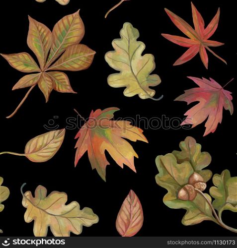 Autumn seamless pattern. Beautiful background with fallen leaves. Realistic drawing with acrylic paints. Vintage style. Ideal for postcards, wrapping paper, fabric and other designs.