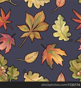 Autumn seamless pattern. Beautiful background with fallen leaves. Realistic drawing with acrylic paints. Vintage style. Ideal for postcards, wrapping paper, fabric and other designs.