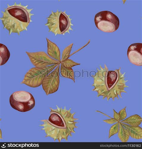 Autumn seamless pattern. Beautiful background with fruits and leaves of chestnut. Realistic drawing with acrylic paints. Vintage style. Ideal for postcards, wrapping paper, fabric and other designs.