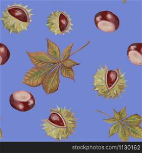 Autumn seamless pattern. Beautiful background with fruits and leaves of chestnut. Realistic drawing with acrylic paints. Vintage style. Ideal for postcards, wrapping paper, fabric and other designs.