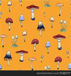Autumn seamless pattern. Different types of poisonous mushrooms. Color drawing on a orange background. Gentle botanical wallpaper. Decorative digital drawing. Vintage style.