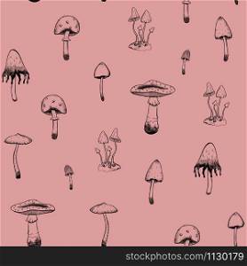 Autumn seamless pattern. Different types of poisonous mushrooms. Outline drawing on a pink background. Gentle botanical wallpaper. Decorative digital drawing. Vintage style.