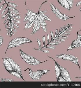 Autumn seamless pattern. Drawing in black pen. Contour fallen leaves. Graphic botanical wallpaper on a gentle background. Suitable for postcards, wrapping paper, scrapbooking, fabric designs, etc.