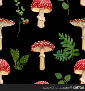 Autumn seamless pattern. Painted amanita and forest plants on a black background. Colorful botanical wallpaper. Acrylic drawing of mushrooms and plants.