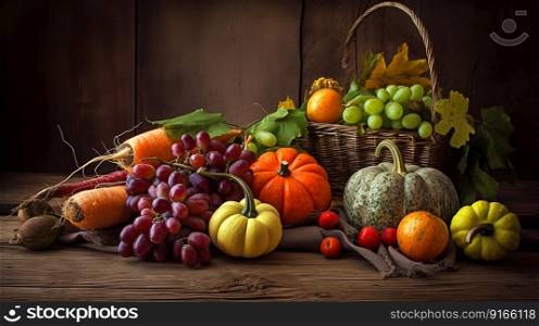 Autumn seasonal fruits and vegetables set. Generative AI. High quality illustration. Autumn seasonal fruits and vegetables set. Generative AI