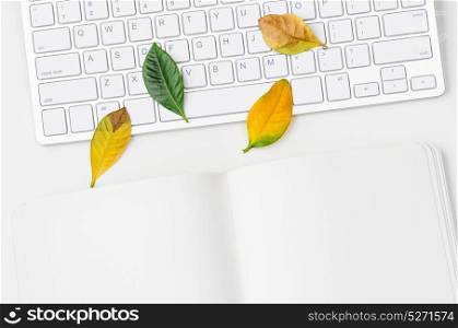 Autumn seasonal workplace. Autumn workplace with fallen leaves, keyboard and notebook, view from above