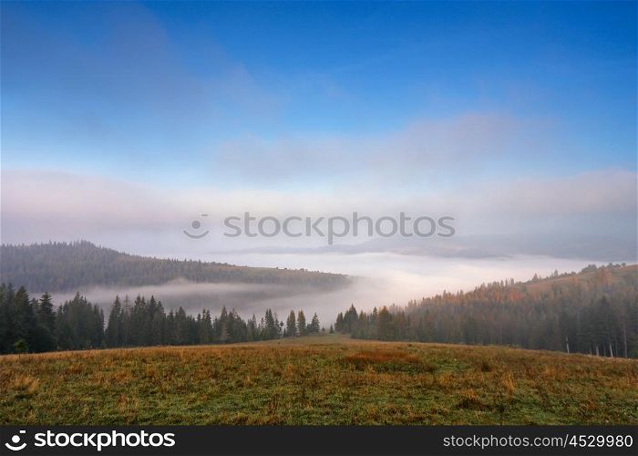 Autumn September foggy morning in Carpathian mountains