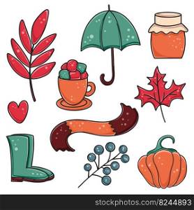 Autumn set of items for comfort. Bundle of umbrella, rubber boots, scarf, honey, pumpkin, maple leaf, berries, coffee with marshmallows. Hand drawn fall seasonal isolated elements vector illustration. Autumn set of items for comfort