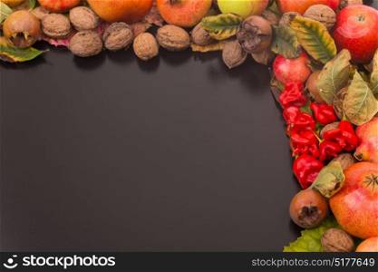 autumn still life, copy space, dark background, autumn composition from top. Free space for text