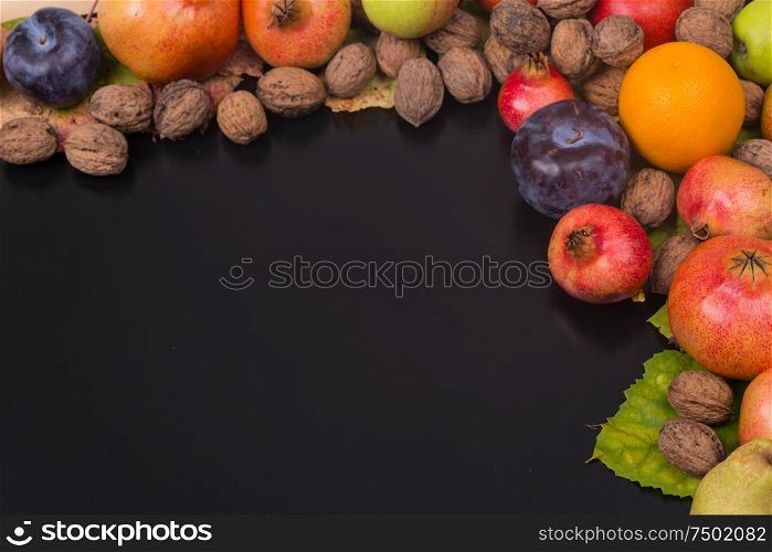 autumn still life, copy space, dark background, autumn composition from top. Free space for text