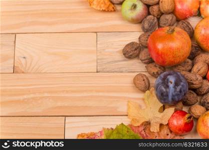 autumn still life, copy space, wooden background, autumn composition from top. Free space for text