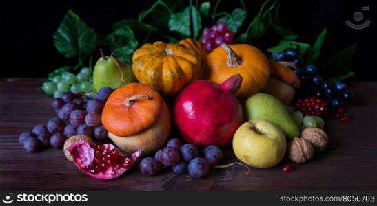 Autumn still life: decorative pumpkins, squash, apples, pears, pomegranates and grapes on the dark wooden background