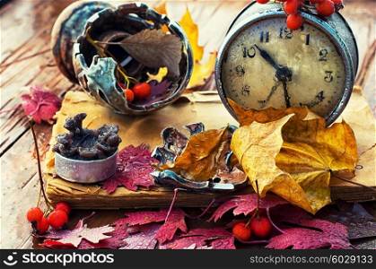 Autumn still life.The composition with the fallen leaves. Autumn still life.