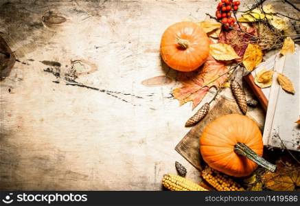 Autumn style. Autumn vegetables with an old book. On wooden background.. Autumn vegetables with an old book.