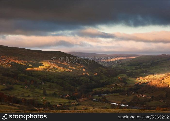 Autumn sunrise over Swaledale and Gunnerside in Yorkshire Dales National Park