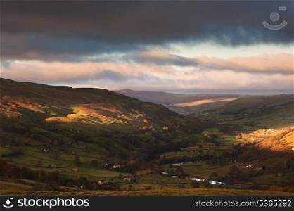 Autumn sunrise over Swaledale and Gunnerside in Yorkshire Dales National Park