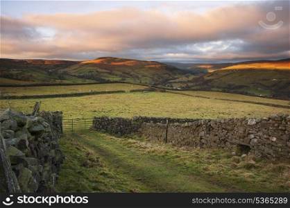 Autumn sunrise over Swaledale in Yorkshire Dales National Park