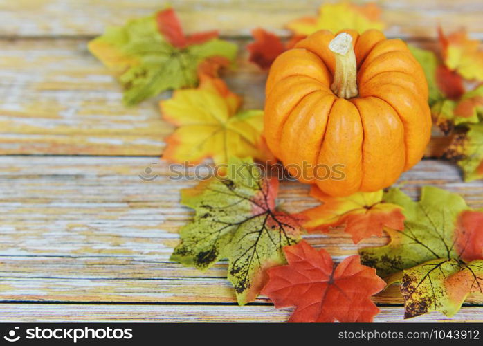 Autumn table setting with pumpkins holiday / Thanksgiving background frame autumn leaf decoration festive on wooden