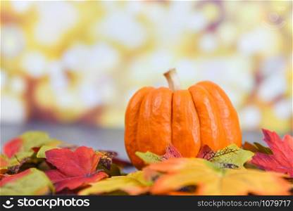 Autumn table setting with pumpkins holiday / Thanksgiving background frame autumn leaf decoration festive on wooden