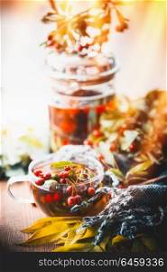 Autumn tea with red berries , tea pot , leaves and scarf at window