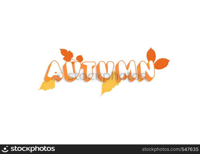 Autumn text isolated on white background. Handwritten lettering with leaves decoration. Element for season design. Vector illustration.