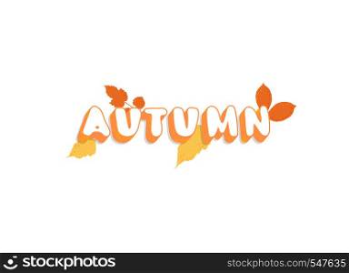Autumn text isolated on white background. Handwritten lettering with leaves decoration. Element for season design. Vector illustration.