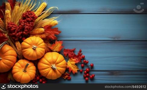 Autumn Thanksgiving Colourful Setting with blue wooden Background