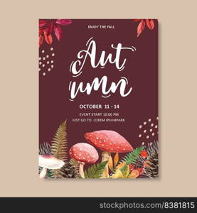 Autumn themed Poster design with dark red background illustrative template design